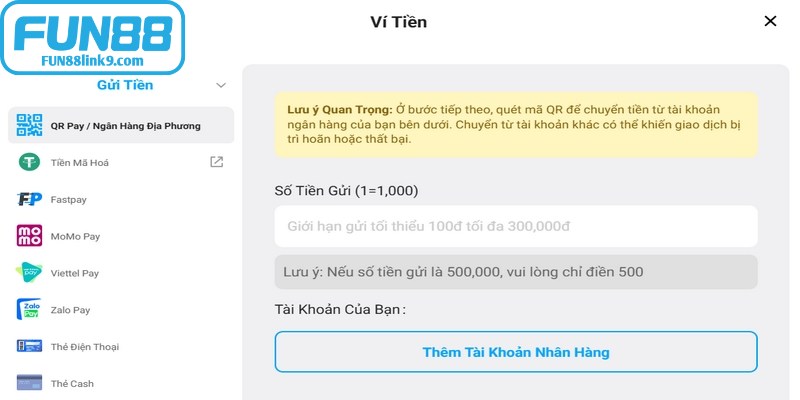 Phương thức nạp tiền FUN88 với ngân hàng